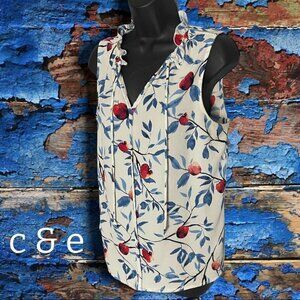 C & E Sleeveless Cherry Ruffled Neck Blouse Size Medium